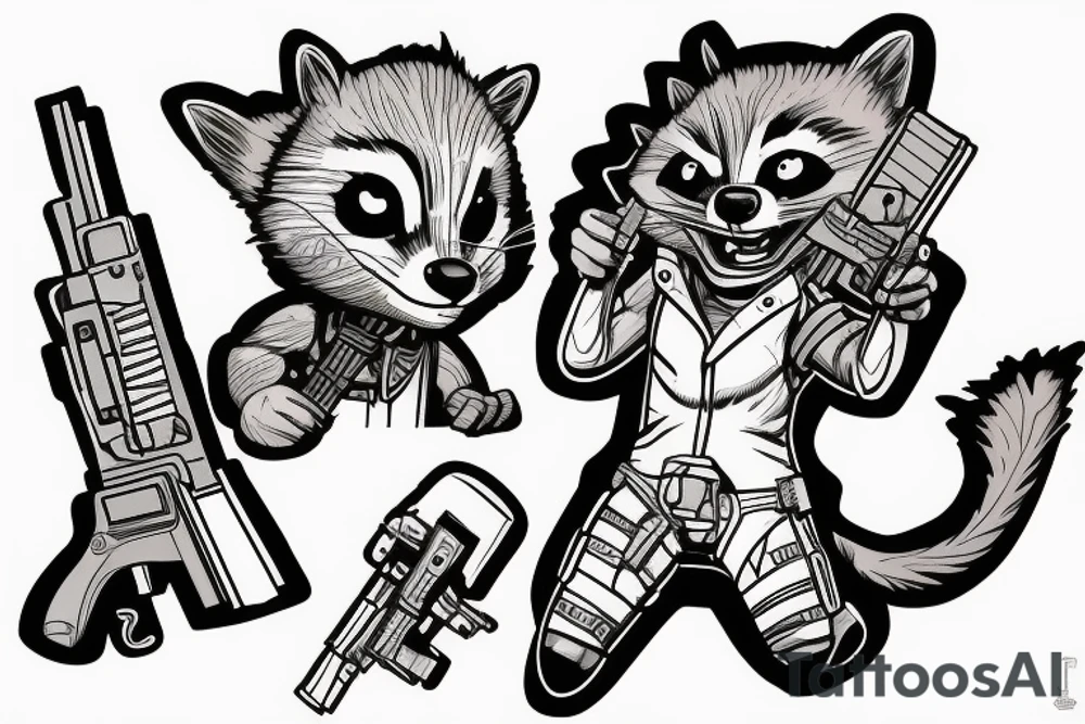 rocket raccoon holds a gun with groot tattoo idea