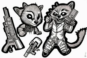 rocket raccoon holds a gun with groot tattoo idea