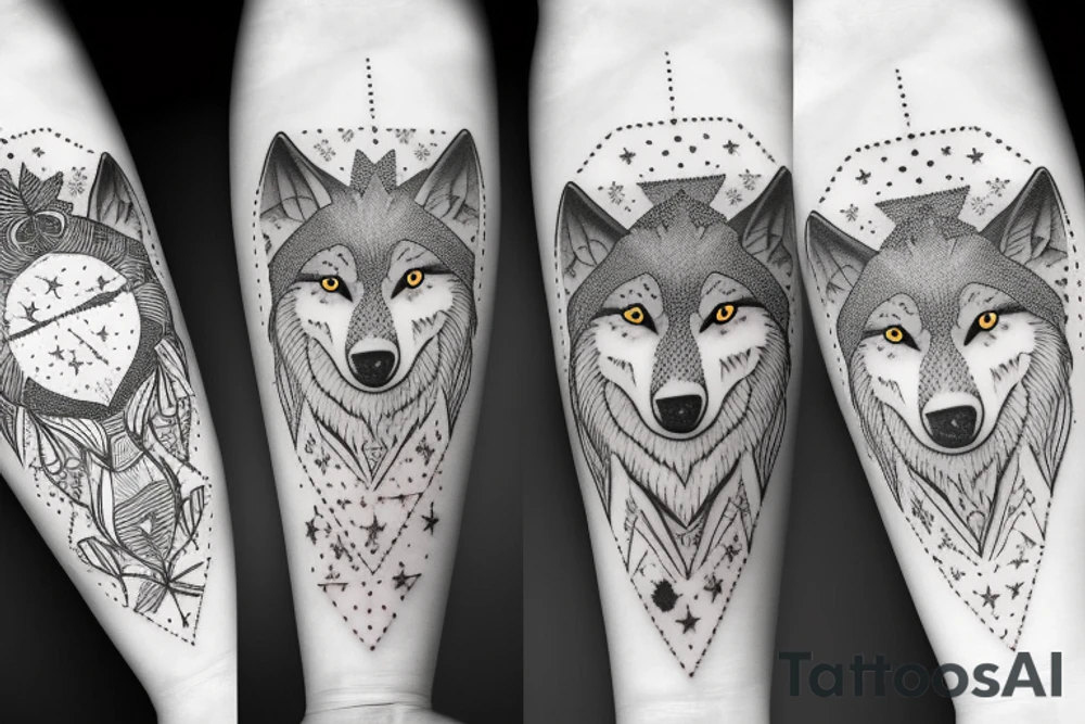 Full-bodied wolf with stars tattoo idea