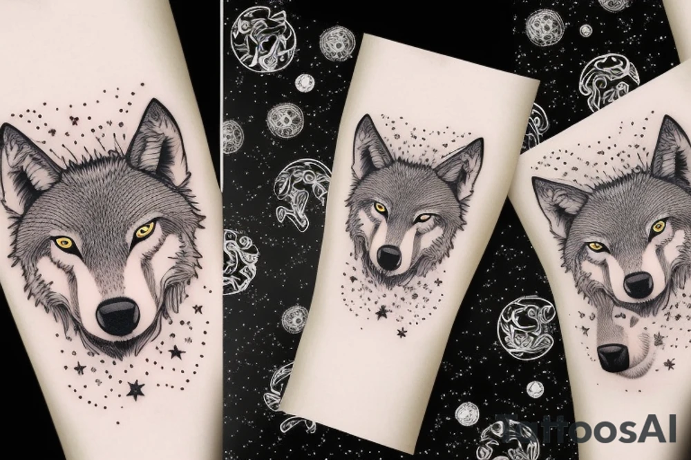 Full-bodied wolf with stars tattoo idea