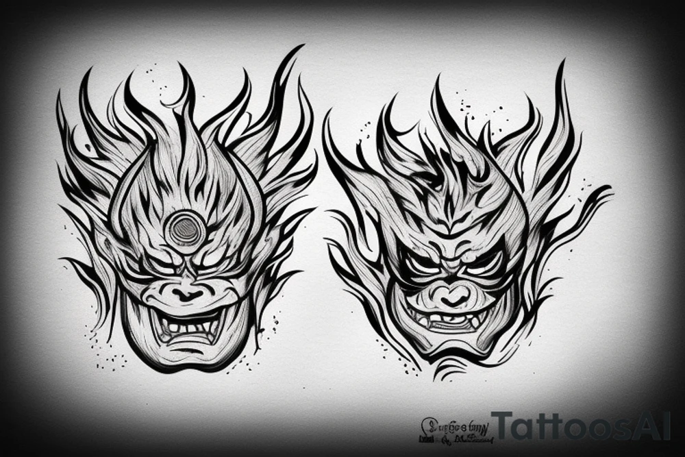 scary oni mask with flames tattoo idea