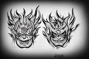 scary oni mask with flames tattoo idea