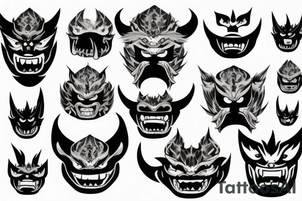 scary oni mask with flames tattoo idea