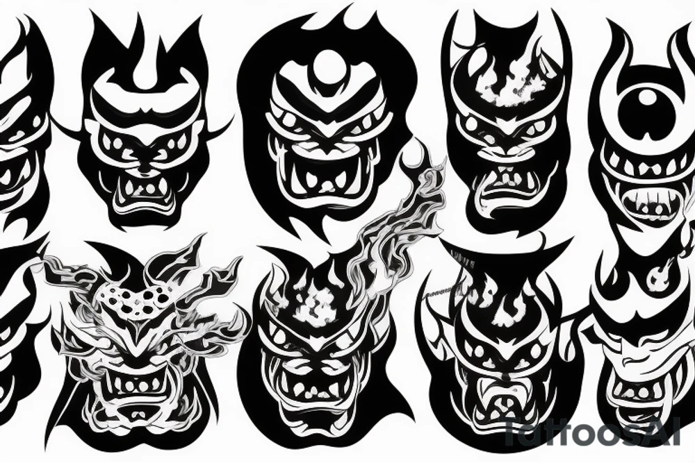 scary oni mask with flames tattoo idea