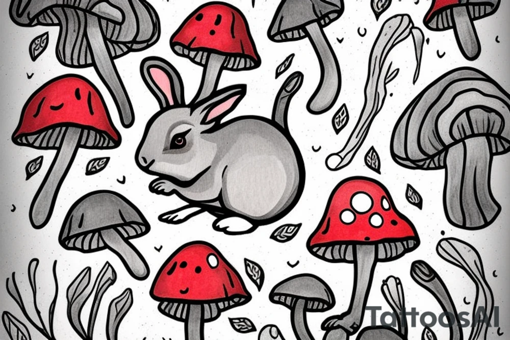 small grey cute rabbit on a black and red muschroom in forest tattoo idea