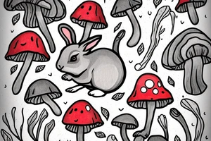 small grey cute rabbit on a black and red muschroom in forest tattoo idea