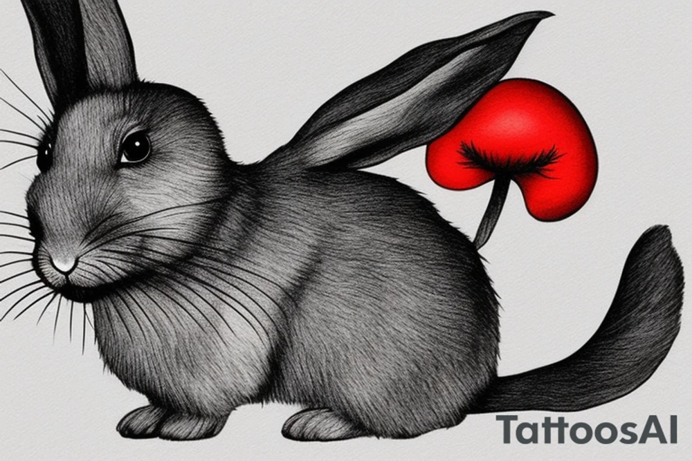 small grey cute rabbit on a black and red muschroom in forest tattoo idea