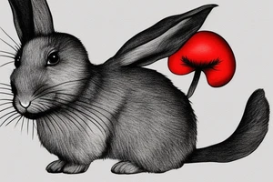small grey cute rabbit on a black and red muschroom in forest tattoo idea