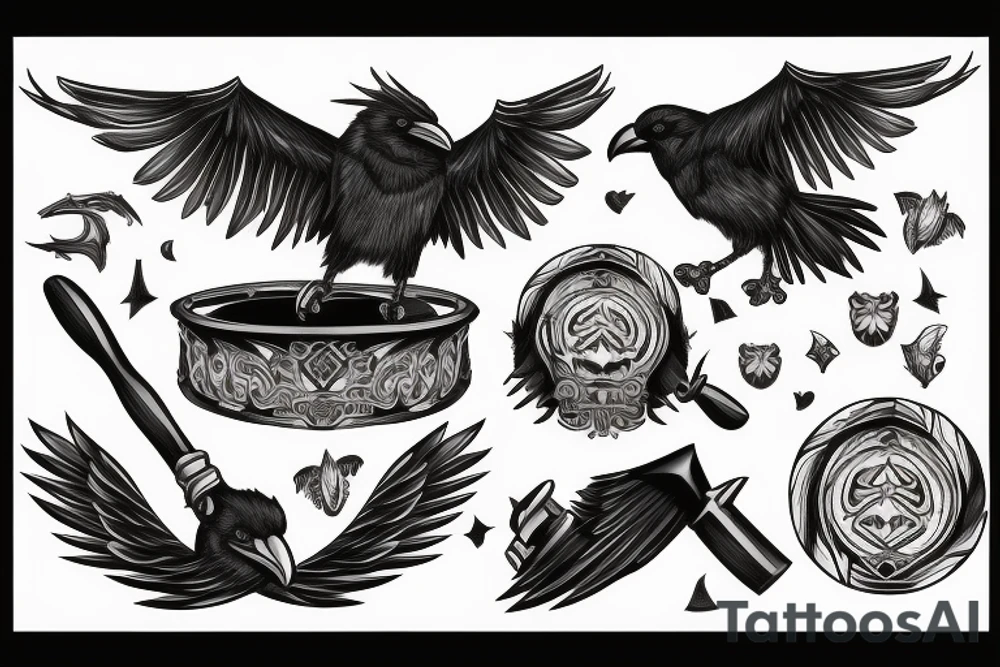 two black angry ravens with white eyes and wings holding hammer chest tattoo blackwork tattoo idea