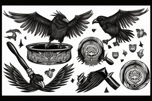 two black angry ravens with white eyes and wings holding hammer chest tattoo blackwork tattoo idea