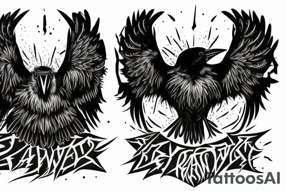 two black angry ravens with white eyes and wings holding hammer chest tattoo blackwork tattoo idea
