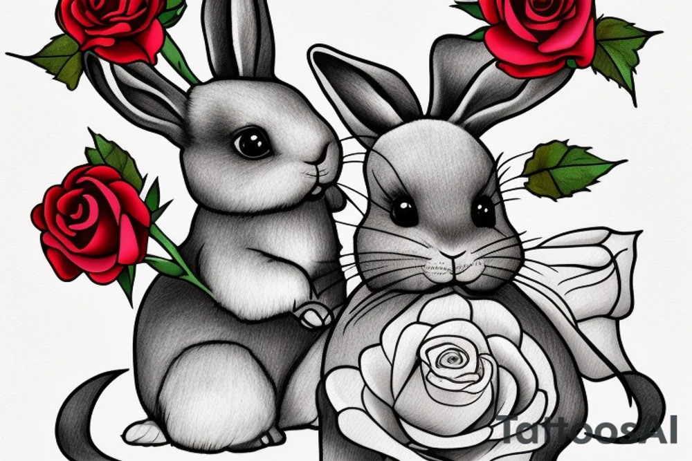 small grey cute rabbit with hat holding a red rose traditional tattoo idea