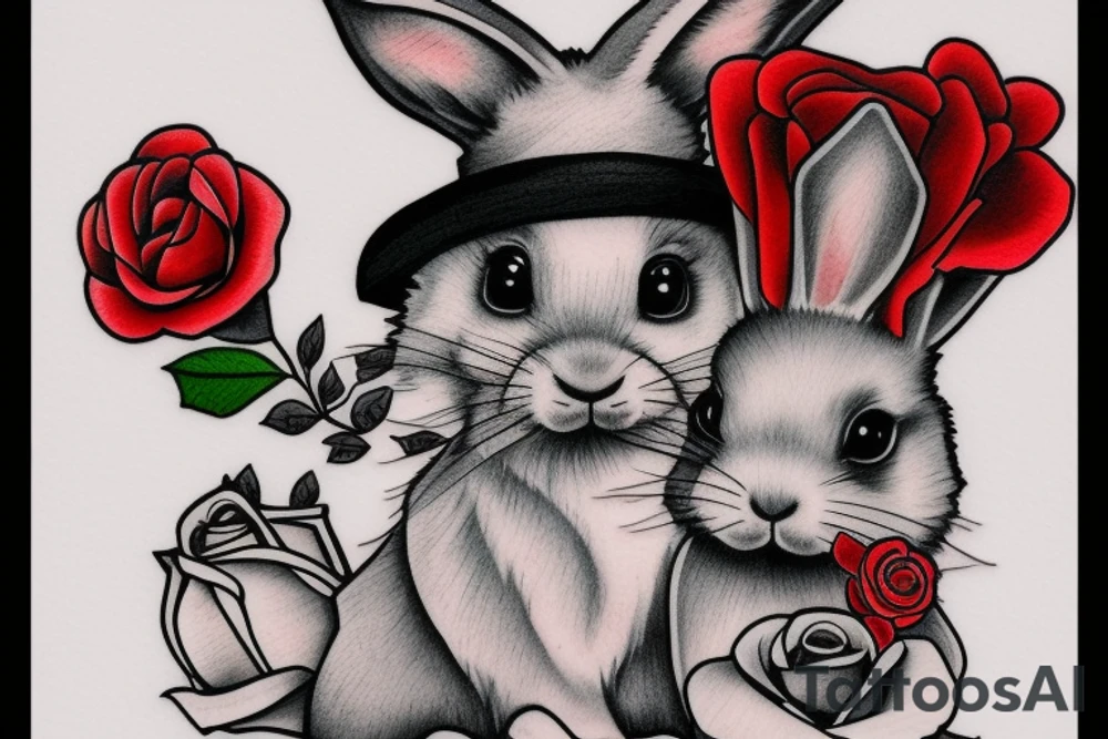 small grey cute rabbit with hat holding a red rose traditional tattoo idea