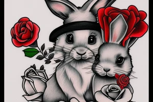 small grey cute rabbit with hat holding a red rose traditional tattoo idea
