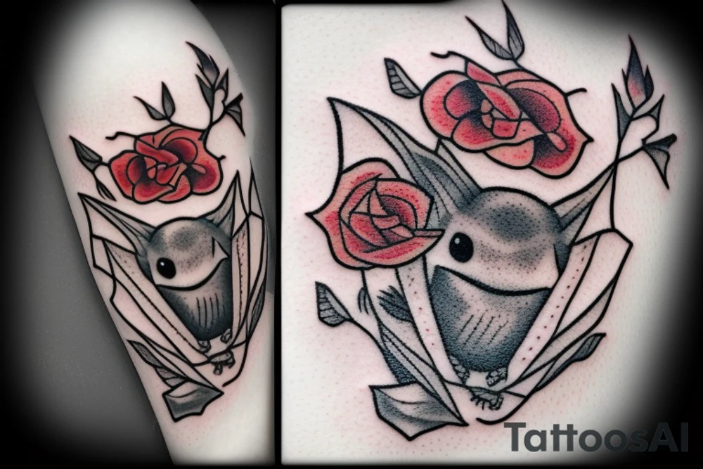 small grey cute bat holding a red rose traditional tattoo idea