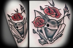 small grey cute bat holding a red rose traditional tattoo idea