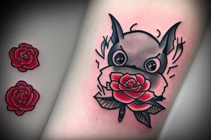 small grey cute bat holding a red rose traditional tattoo idea