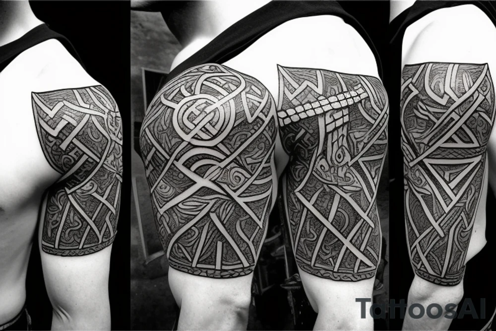 viking warrior human in armour holding axe rage with nordic runes tattoo pin up tattoo idea