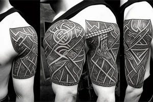 viking warrior human in armour holding axe rage with nordic runes tattoo pin up tattoo idea