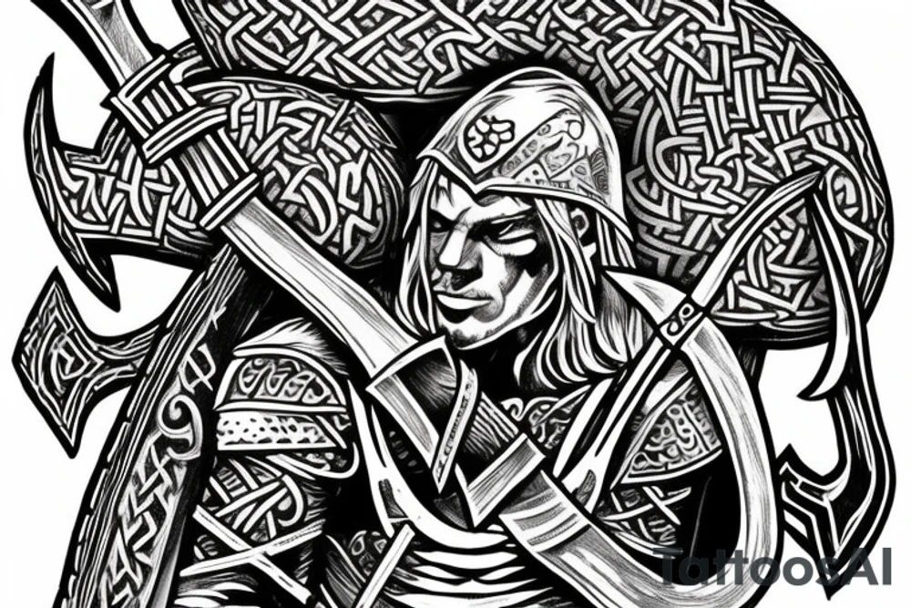 viking warrior human in armour holding axe rage with nordic runes tattoo pin up tattoo idea