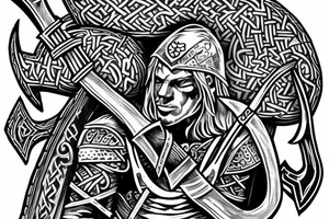 viking warrior human in armour holding axe rage with nordic runes tattoo pin up tattoo idea