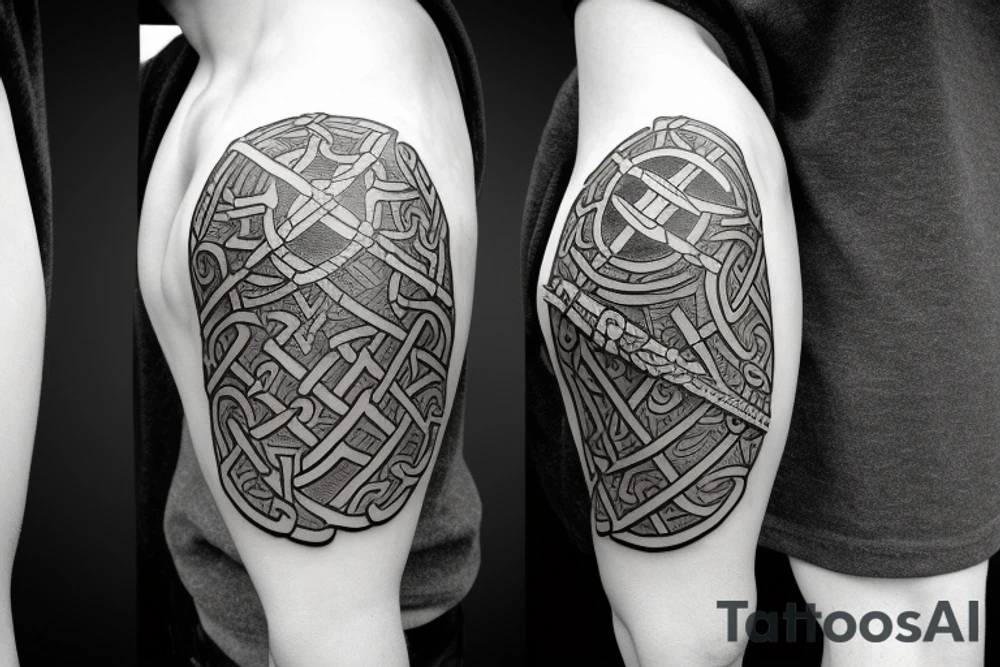 viking warrior in armor holding axe with nordic runes tattoo tattoo idea