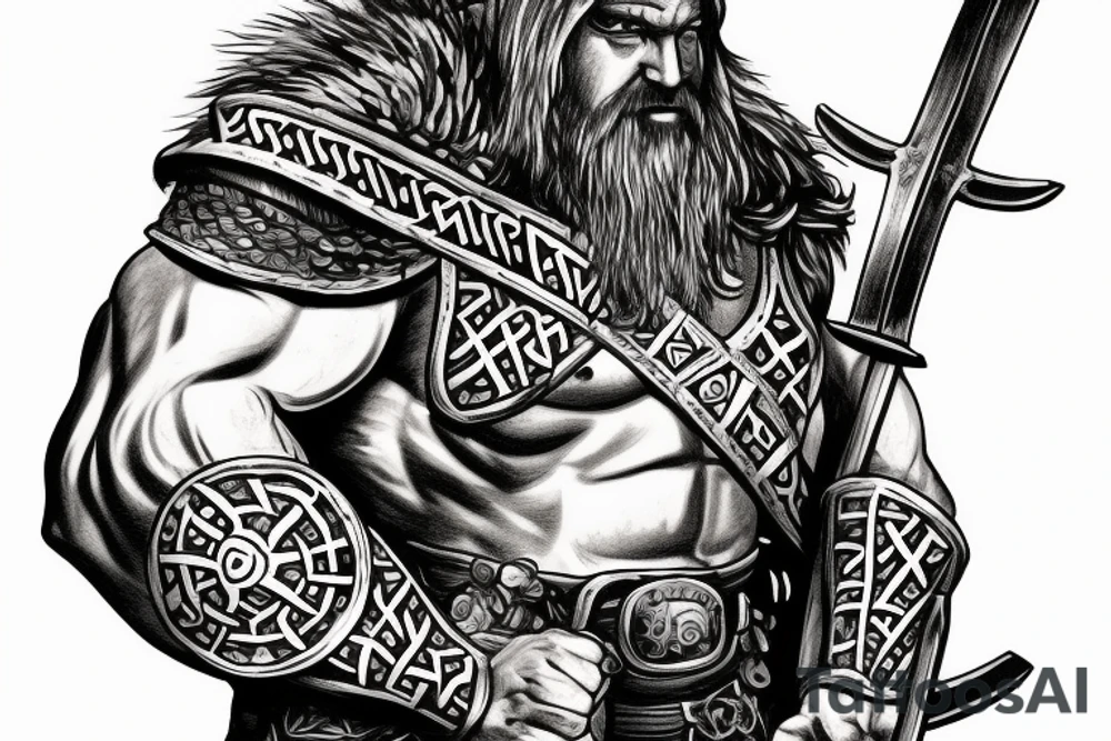 viking warrior in armor holding axe with nordic runes tattoo tattoo idea