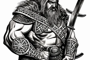 viking warrior  in armor holding axe with nordic runes tattoo tattoo idea