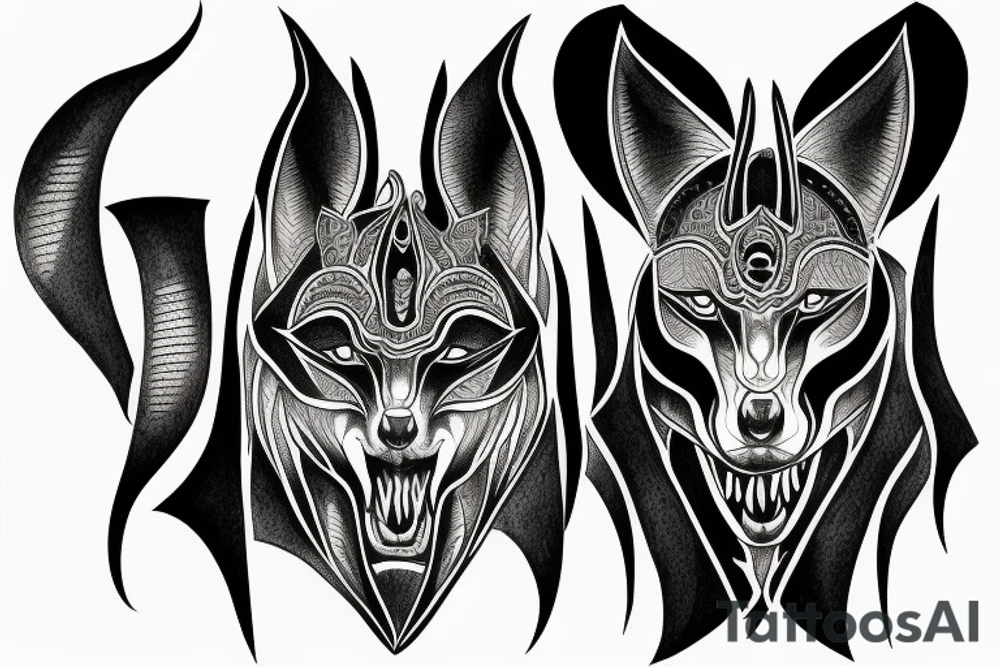 Black anubis face with sharp teeth and white eyes symmetrical tattoo tattoo idea