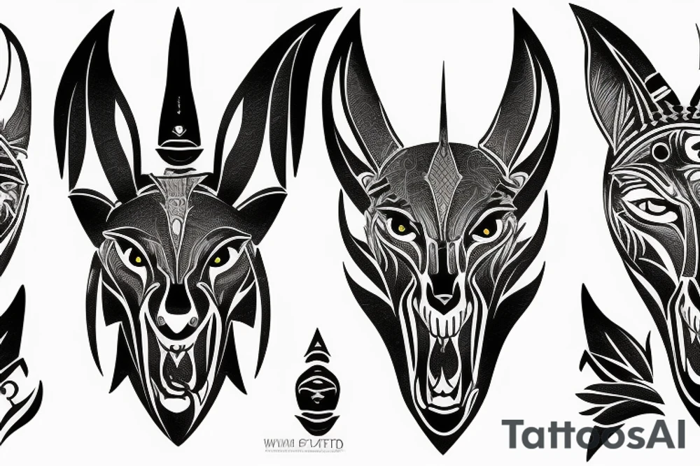Black anubis face with sharp teeth and white eyes symmetrical tattoo tattoo idea
