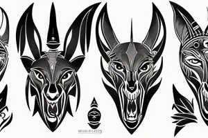 Black anubis face with sharp teeth and white eyes symmetrical tattoo tattoo idea