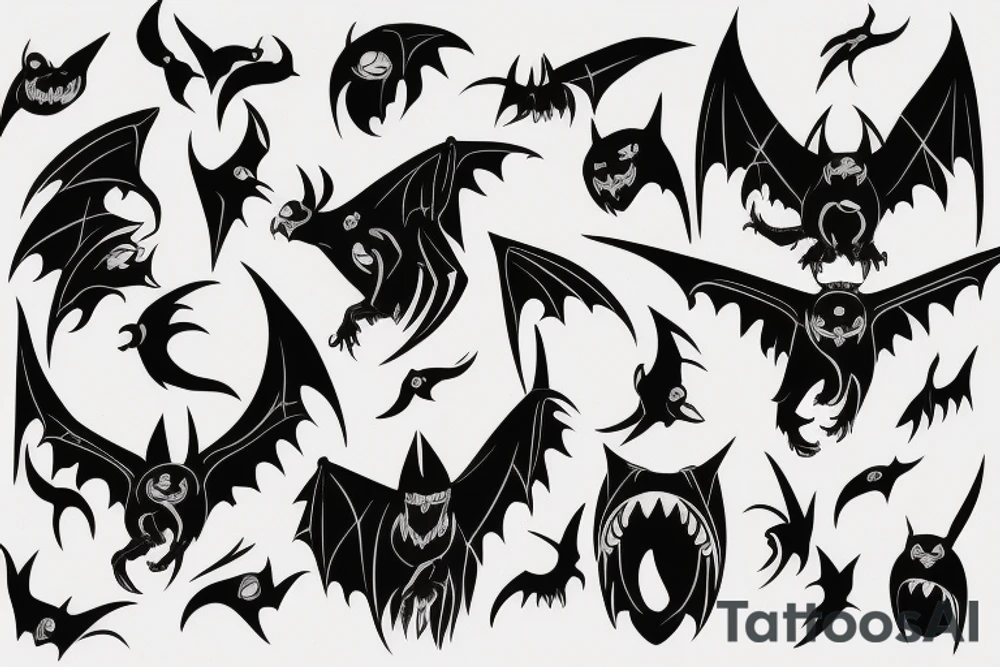 Black flying  bat with sharp teeth and white eyes symmetrical tattoo tattoo idea
