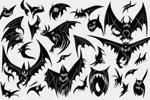 Black flying  bat with sharp teeth and white eyes symmetrical tattoo tattoo idea
