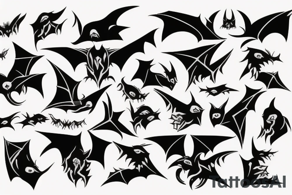 Black flying  bat with sharp teeth and white eyes symmetrical tattoo tattoo idea