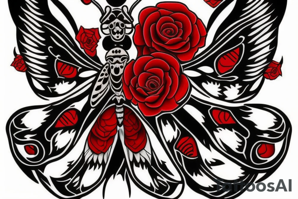 death moth in black and red symmetrical with diamonds and roses tattoo idea