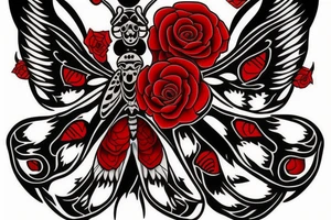 death moth in black and red symmetrical with diamonds and roses tattoo idea