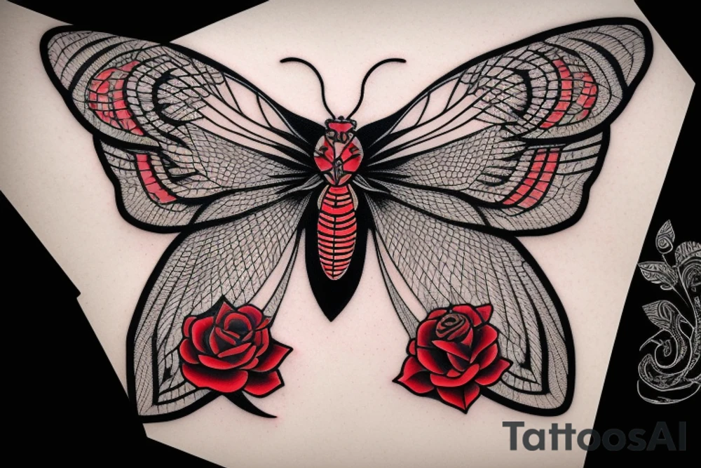 death moth in black and red symmetrical with diamonds and roses tattoo idea