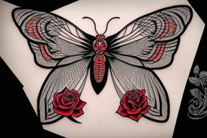 death moth in black and red symmetrical with diamonds and roses tattoo idea