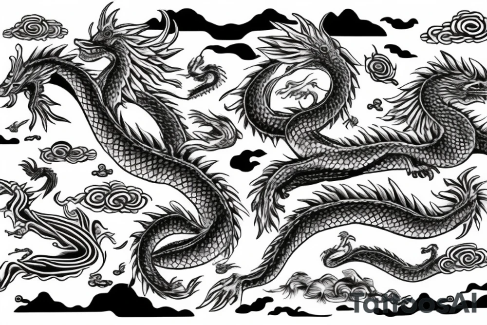 Wolf running along side a flying dragon on the ocean tattoo idea