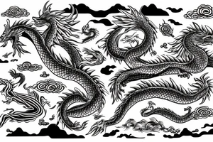 Wolf running along side a flying dragon on the ocean tattoo idea