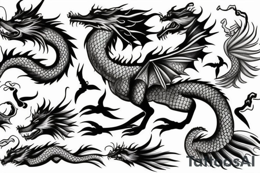Wolf running along side a flying dragon on the ocean tattoo idea