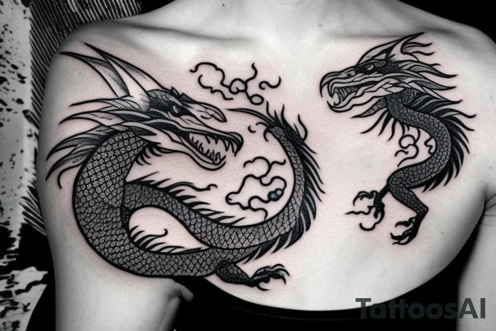 Wolf running along side a flying dragon on the ocean tattoo idea