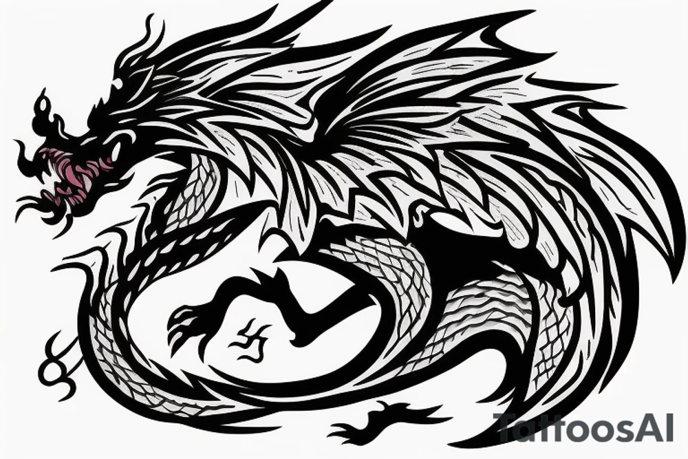 Wolf running along side a flying dragon on the ocean tattoo idea
