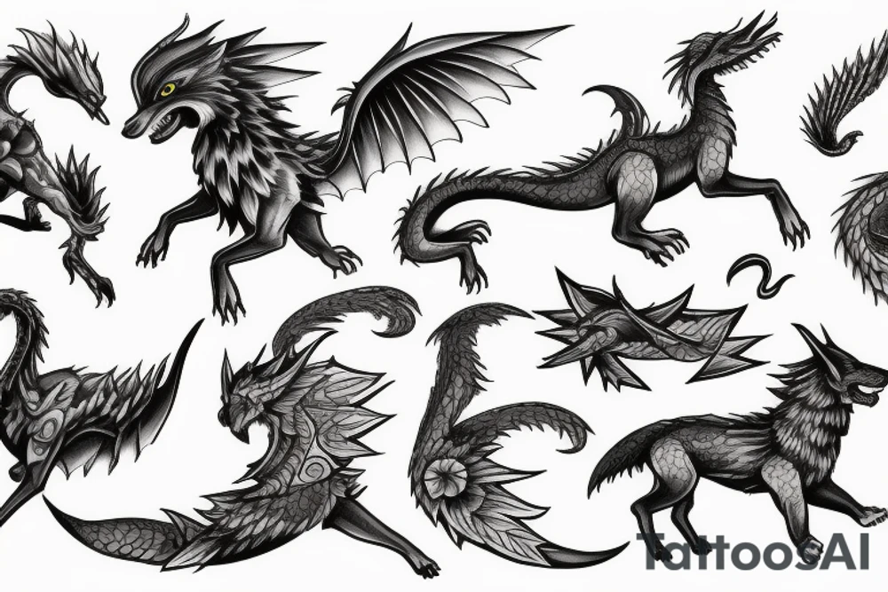 Wolf running with a flying dragon on the ocean tattoo idea
