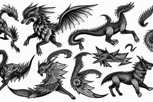 Wolf running with a flying dragon on the ocean tattoo idea