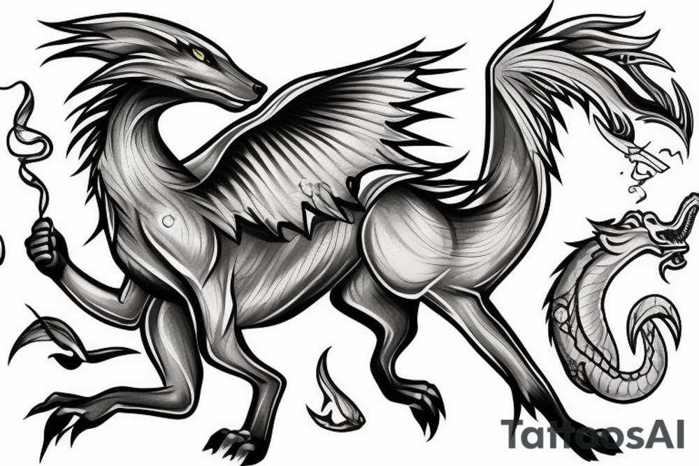 Wolf running with a flying dragon on the ocean tattoo idea
