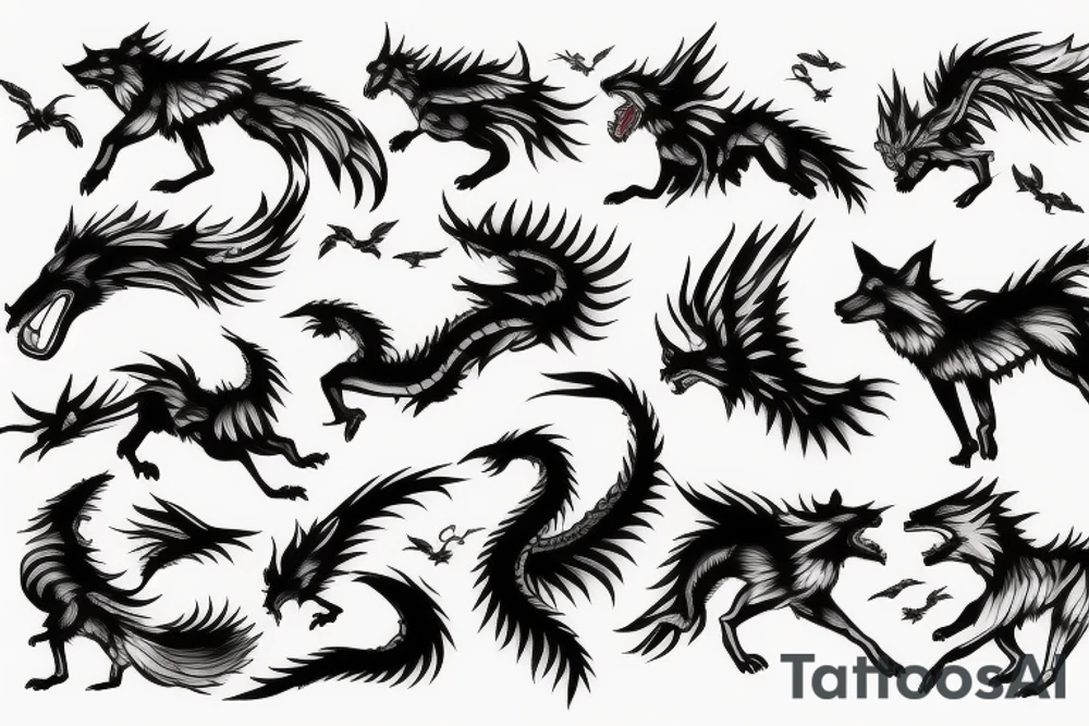 Wolf running with a flying dragon tattoo idea