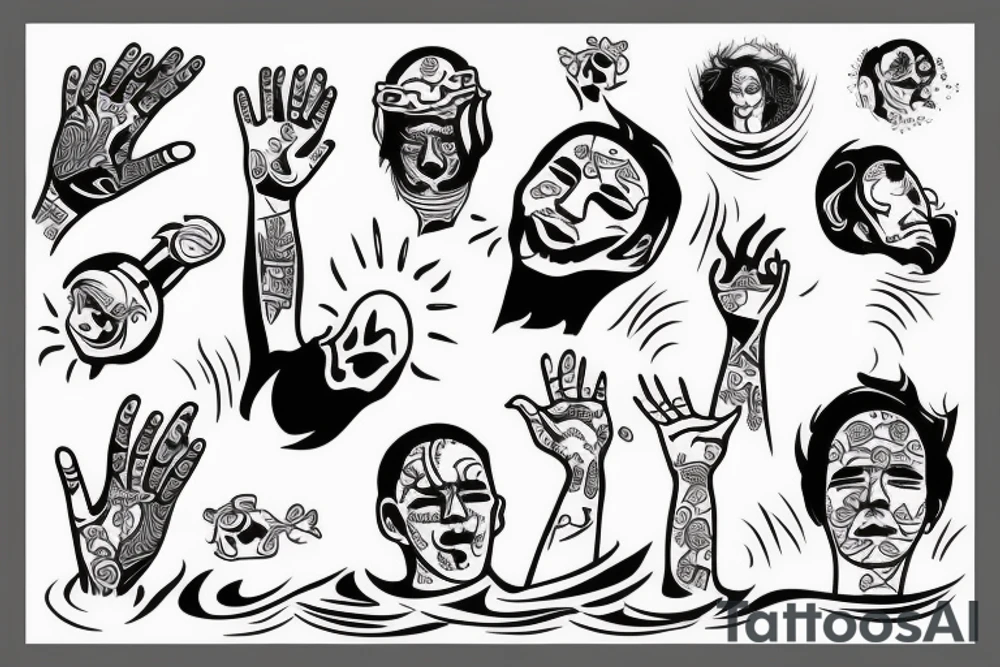 Man drowning in water with one hand up waving tattoo idea