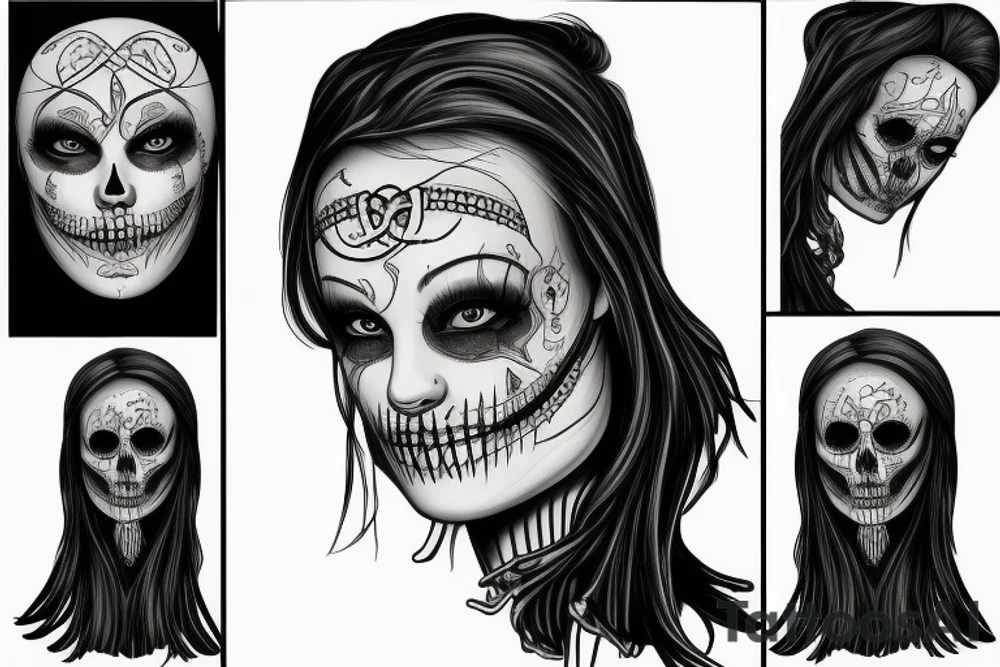 Hel, norse goddess face, half face rotten dead and skeletal, half face alive and well tattoo idea