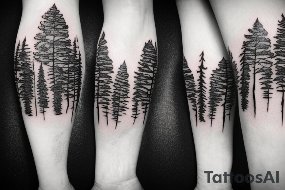 Forest trees with mountains and stream symmetrical tattoo idea